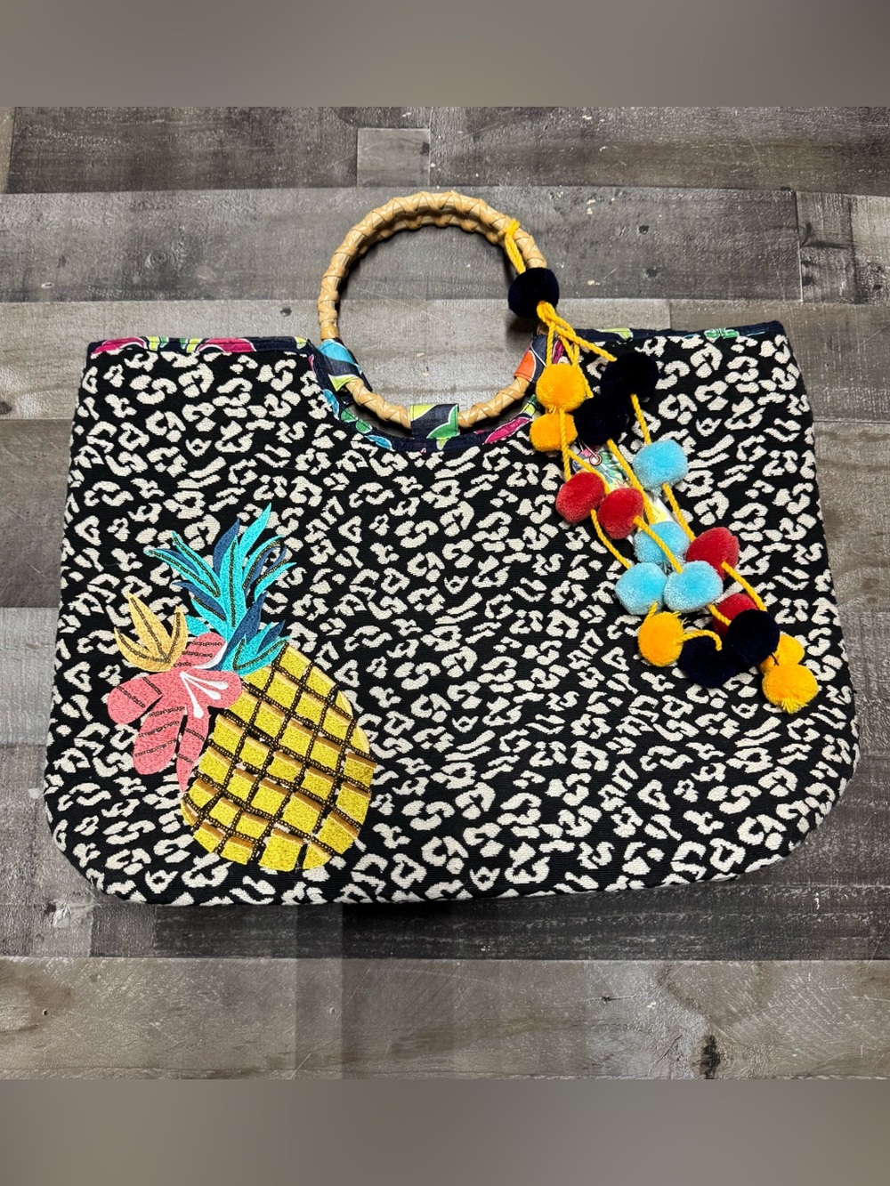 Oversized Tote Black White w/Embellished Pineapple Pom Poms Tropical